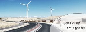Grafisk fremstilling av en motorvei med to hvite vindmøller i bakgrunnen. Teksten ingeniør og sivilingeniør